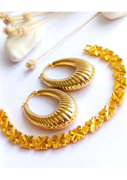 Küpe Sallantılı Oval ve Bileklik Altın Kaplama 316 L Çelik 2'li Set + Hediye Paket fırsatları