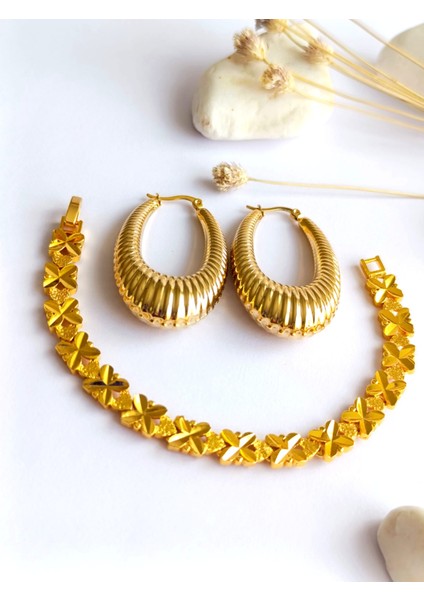 Küpe Sallantılı Oval ve Bileklik Altın Kaplama 316 L Çelik 2'li Set + Hediye Paket indirimleri