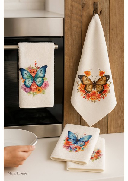 3 Lü Kelebek Baskılı Pamuklu Mutfak Havlusu 30 x 50 cm