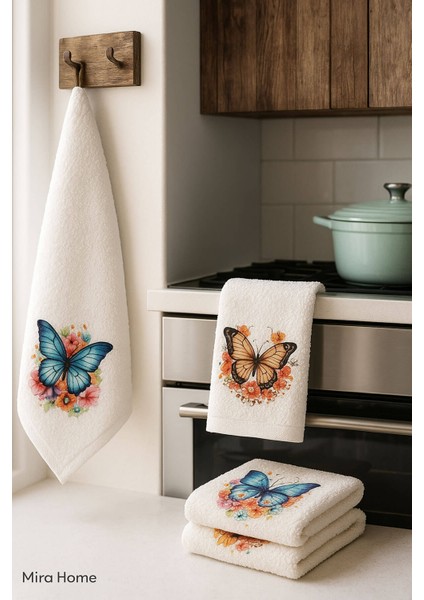 3 Lü Kelebek Baskılı Pamuklu Mutfak Havlusu 30 x 50 cm fiyatları