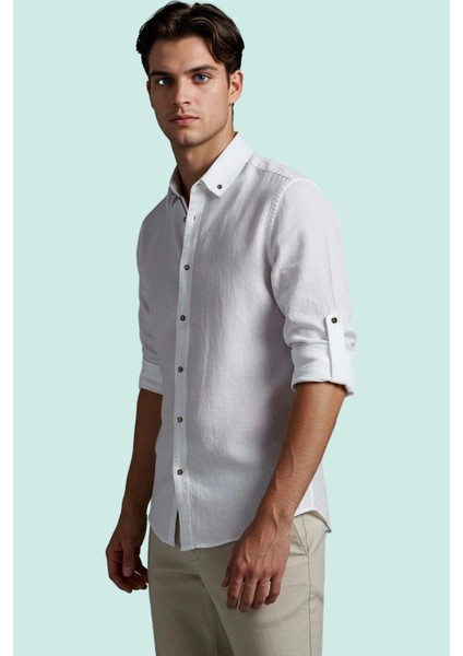 Erkek Pamuklu Gömlek Düğmeli Slim Fit Keten Görünümlü Iş ve Günlük Yaz Aylarının Vazgeçilmezi