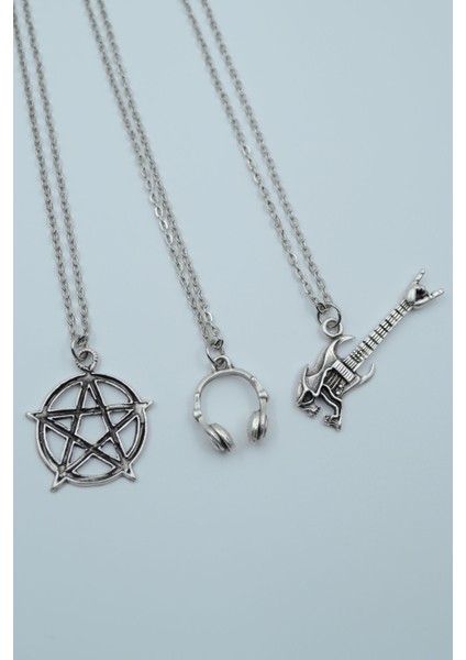 3'lü Pentagram Kuru Kafa Gitar Kulaklık Gümüş Kaplama Kolye Seti