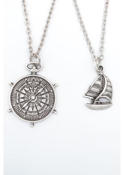 2'li Yelkenli Gemi - Gemici Pusula Gümüş Kaplama Kolye Seti