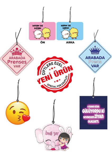 6 Adet Eşlere Özel Görseller Serisi Hediyelik Oto Kokusu ve Aksesuari