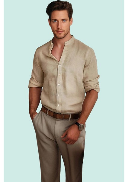 Erkek Keten Görünümlü Düz Desenli Rahat Gömlek Polyester Günlük Şıklık Yaz Aylarının Vazgeçilmezi