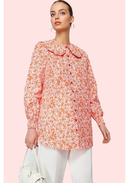 Kadın Çiçek Desenli Dokuma Gömlek Bebe Yaka Uzun Kollu Rahat Yazlık Yaz Aylarının Vazgeçilmezi