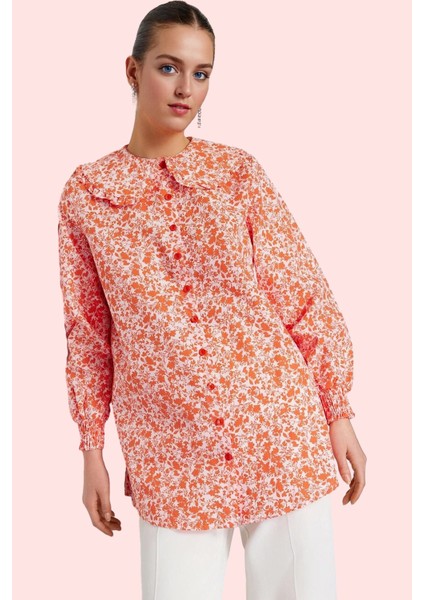 Kadın Çiçek Desenli Dokuma Gömlek Bebe Yaka Uzun Kollu Rahat Yazlık Yaz Aylarının Vazgeçilmezi fiyatları