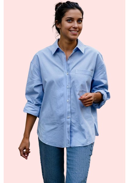 Kadın Pamuklu Dokuma Gömlek; Gömlek Yaka Düğmeli Uzun Kol Cepsiz Casual Yaz Aylarının Vazgeçilmezi