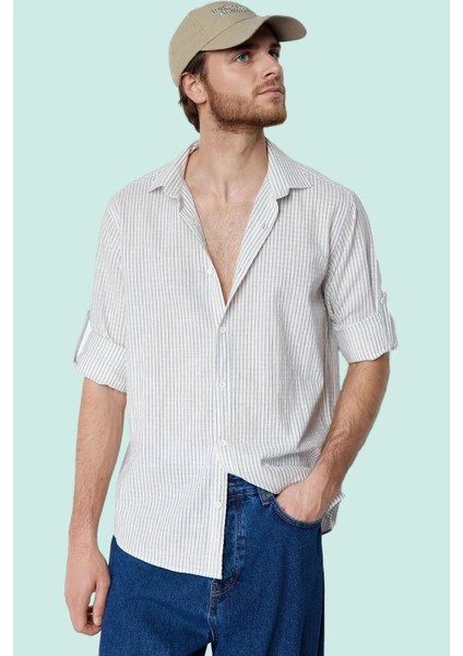 Erkek Casual Keten Karışımlı Çizgili Gömlek Regular Fit Yaka Uzun Kollu Yaz Aylarının Vazgeçilmezi fiyatları