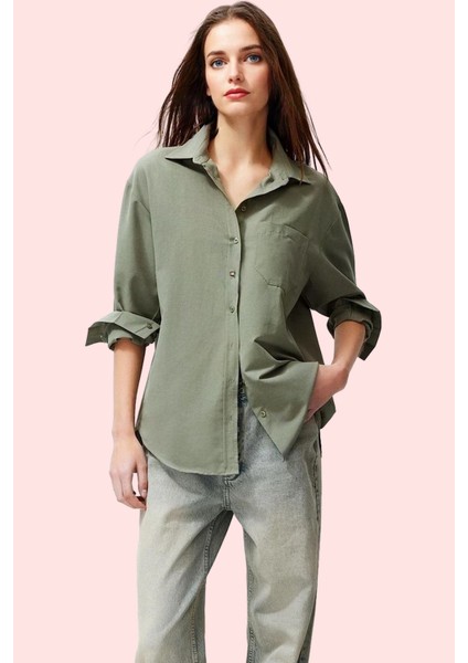 Kadın Pamuklu Dokuma Gömlek; Gömlek Yaka Düğmeli Uzun Kol Cepsiz Casual Yaz Aylarının Vazgeçilmezi