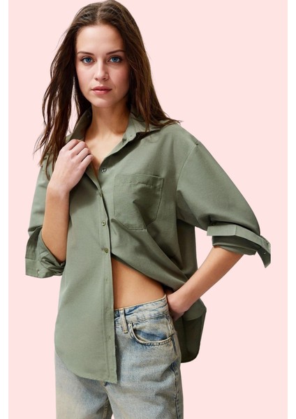 Kadın Pamuklu Dokuma Gömlek; Gömlek Yaka Düğmeli Uzun Kol Cepsiz Casual Yaz Aylarının Vazgeçilmezi fiyatları