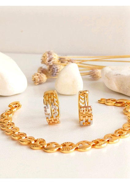 Küpe Halka ve Bileklik Zirkon Taş Altın Kaplama 316 L Çelik 2'li Set + Hediye Paket fiyatları