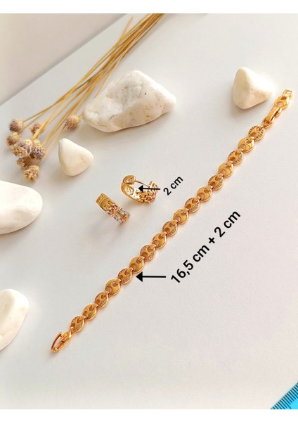 Küpe Halka ve Bileklik Zirkon Taş Altın Kaplama 316 L Çelik 2'li Set + Hediye Paket indirimleri