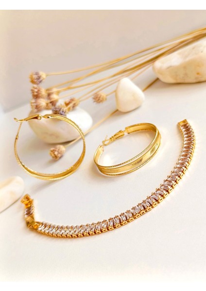 Küpe Halka ve Bileklik Zirkon Taş Altın Kaplama 316 L Çelik 2'li Set + Hediye Paket fırsatları
