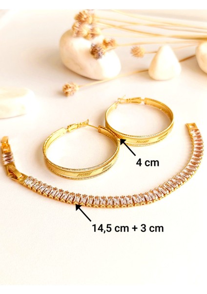 Küpe Halka ve Bileklik Zirkon Taş Altın Kaplama 316 L Çelik 2'li Set + Hediye Paket indirimleri