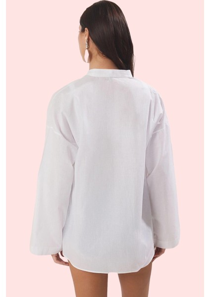 Kadın Pamuk Dokuma Vual Gömlek Truvakar Kol Düz Desen Yazlık Plaj Giysisi Günlük Kombinler modelleri