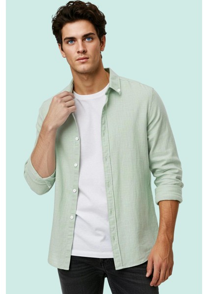 Erkek Flam Keten Dokuma Gömlek Uzun Kollu Regular Kalıp Günlük Şıklık Yaz Aylarının Vazgeçilmezi