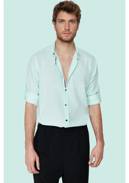 Erkek Pamuklu Gömlek Düğmeli Slim Fit Keten Görünümlü Iş ve Günlük Yaz Aylarının Vazgeçilmezi