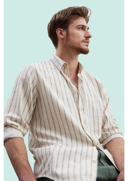 Erkek Basic Siluet Uzun Kollu Çizgili Gömlek Keten Karışımlı Rahat Günlük Kombinler Hafta Sonu