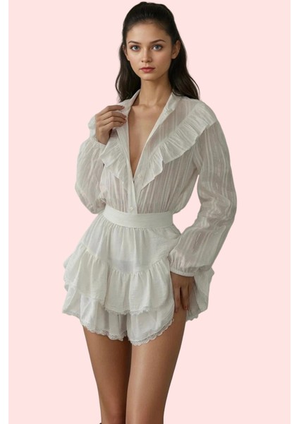 Kadın Pamuklu Fırfırlı Crop Gömlek Rahatlık ve Şıklık Bir Arada Yaz Aylarının Vazgeçilmezi