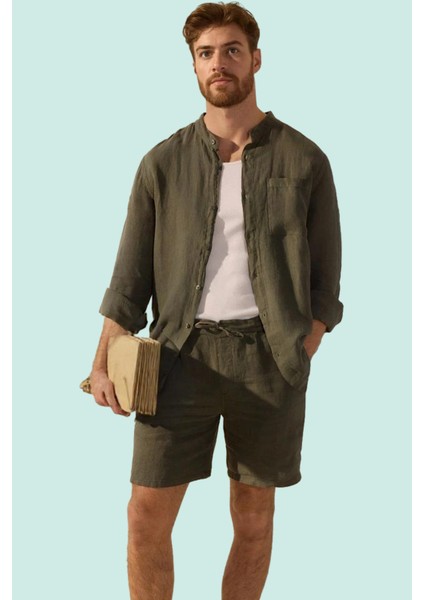 Erkek Keten Uzun Kollu Gömlek Oversize Fit Hakim Yaka Rahat Günlük Yaz Aylarının Vazgeçilmezi