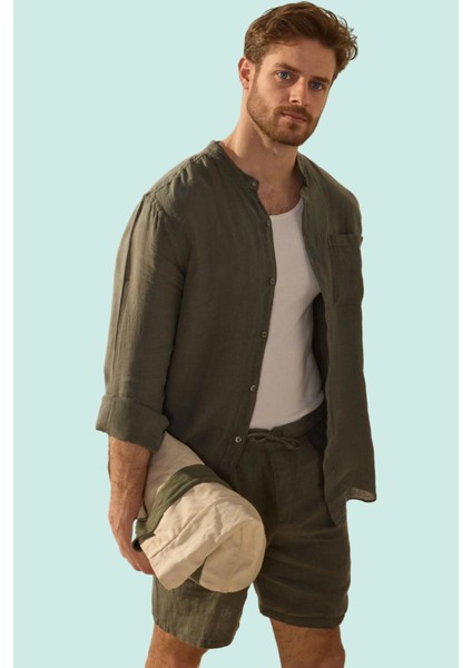 Erkek Keten Uzun Kollu Gömlek Oversize Fit Hakim Yaka Rahat Günlük Yaz Aylarının Vazgeçilmezi fiyatları