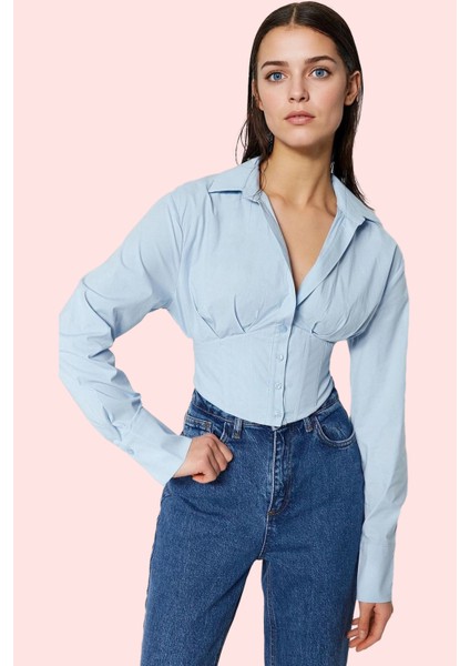 Kadın Düz Desenli Crop Gömlek Pamuk Günlük Kullanım Için Rahat Hafta Sonu Kaliteli Malzeme