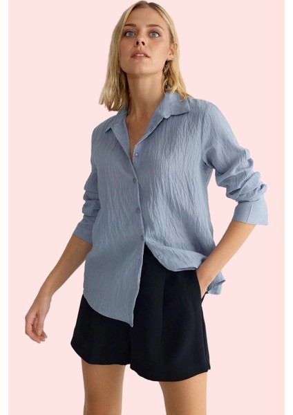 Kadın Basic Siluet Çizgili Uzun Kollu Dokuma Gömlek Rahat Günlük Stil Yaz Aylarının Vazgeçilmezi