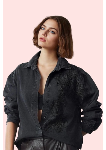 Kadın Pamuklu Denim Gömlek Dantel Detaylı Basic Siluet Günlük ve Iş Yaz Aylarının Vazgeçilmezi