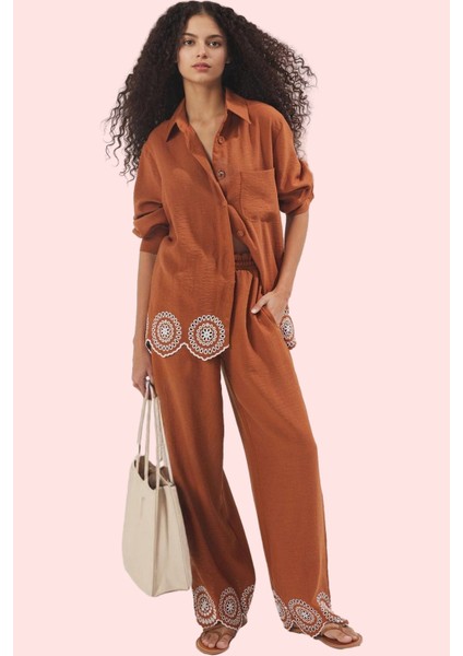 Kadın Düz Desen Keten Görünümlü Basic Gömlek Uzun Kollu Rahat Günlük Yaz Aylarının Vazgeçilmezi