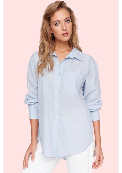 Kadın Pamuklu Dokuma Gömlek; Gömlek Yaka Düğmeli Uzun Kol Cepsiz Casual Yaz Aylarının Vazgeçilmezi