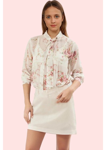 Kadın Şifon Gömlek Basic Siluet Uzun Kol Çiçek Desenli Boyundan Bağlamalı Günlük Kombinler
