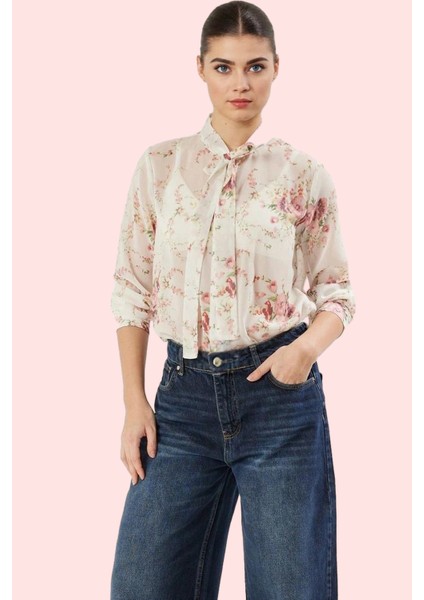 Kadın Şifon Gömlek Basic Siluet Uzun Kol Çiçek Desenli Boyundan Bağlamalı Günlük Kombinler fiyatları