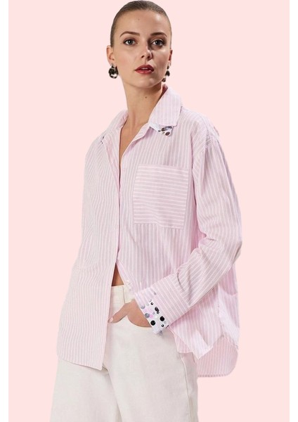 Kadın Pamuklu Çizgili Oversize Gömlek; Rahat Kesim Uzun Kollu Günlük Stil Kaliteli Malzeme fiyatları