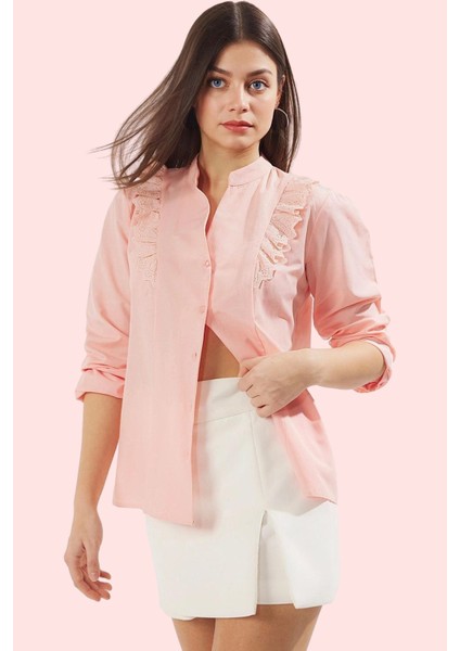 Kadın Düz Desenli Uzun Kollu Gömlek Dantel Detaylı Rahat Günlük Kullanım Dayanıklı Malzeme