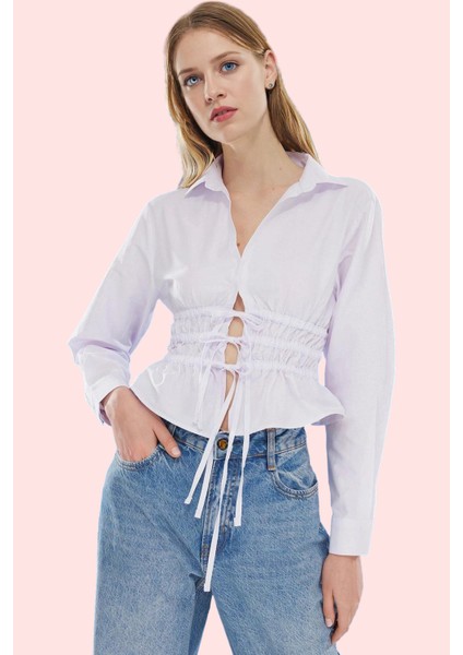 Kadın Bağcıklı Bel Detaylı Gömlek Uzun Kollu Rahat Günlük Hafta Sonu Yaz Aylarının Vazgeçilmezi