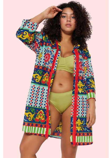 Kadın Pamuklu Dokuma Plaj Gömleği Etnik Desenli Regular Kalıp Yazlık Yaz Aylarının Vazgeçilmezi