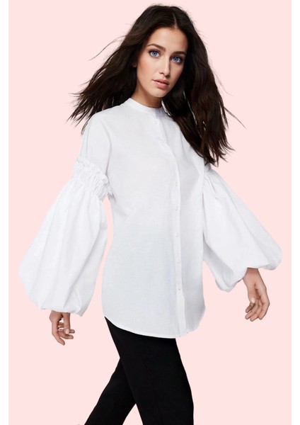 Kadın Pamuklu Dokuma Gömlek Tunik Hakim Yaka Uzun Kollu Günlük Kullanım Yaz Aylarının Vazgeçilmezi