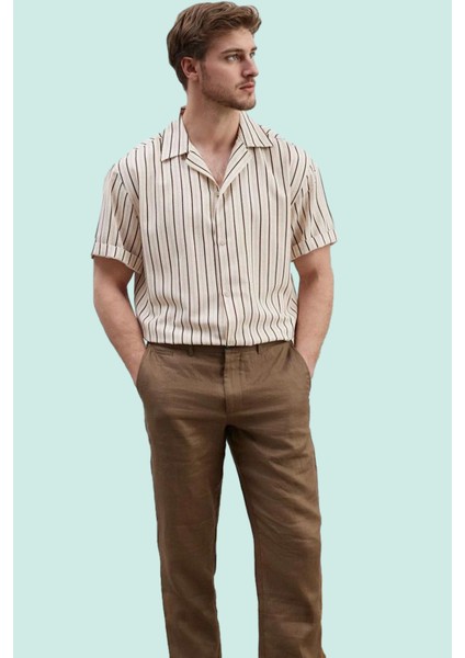 Erkek Basic Oversize Keten Karışımlı Gömlek Çizgili Apaş Yaka Rahat Günlük Kaliteli Malzeme
