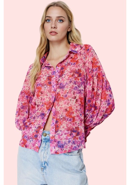 Kadın Şifon Gömlek Çiçek Desenli Balon Kol Günlük ve Iş Hayatı Hafta Sonu Kaliteli Malzeme