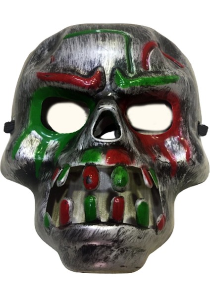 Kırmızı Kan Şeritli Dişli Dracula Kuru Kafa Maskesi Gri Renk