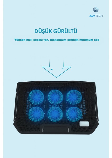 6 Fanlı Sessiz Laptop Soğutucu Ayarlanabilir Rüzgar Hızı, Ergonomik Tasarım, Çift USB Girişli 17.3'' Uyumlu Stand