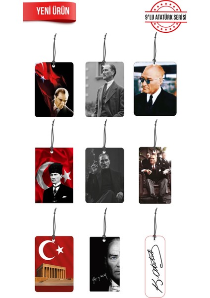 9 Adet Başkomutan Gazi Mareşal Mustafa Kemal Atatürk Görselli Hediyelik Oto Kokusu ve Aksesuari
