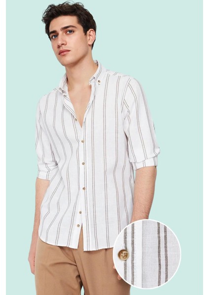 Erkek Slim Fit Ince Çizgili Gömlek Yaka Düğmeli Uzun Kollu Günlük Yaz Aylarının Vazgeçilmezi