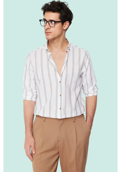 Erkek Slim Fit Ince Çizgili Gömlek Yaka Düğmeli Uzun Kollu Günlük Yaz Aylarının Vazgeçilmezi modelleri