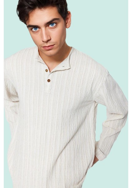 Erkek Relaxed Fit Keten Karışımlı Gömlek Bisiklet Yaka Düz Desen Casual Günlük Özel Günler