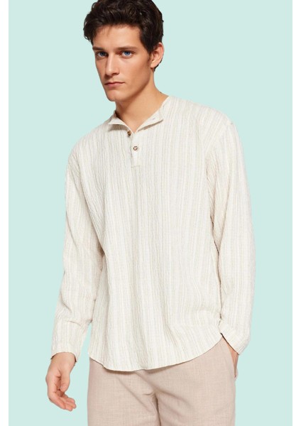 Erkek Relaxed Fit Keten Karışımlı Gömlek Bisiklet Yaka Düz Desen Casual Günlük Özel Günler fiyatları