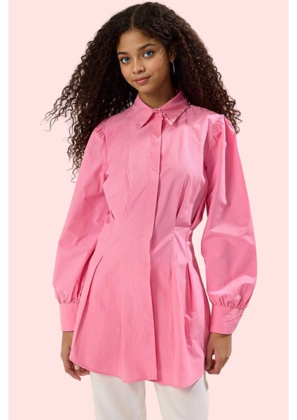 Kadın Dokuma Gömlek Incili Detay Belden Oturan Uzun Kol Günlük Hafta Sonu Kaliteli Malzeme