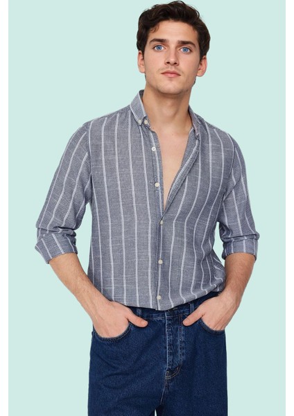 Erkek Slim Fit Çizgili Gömlek Pamuklu Iş ve Günlük Kullanım Hafta Sonu Yaz Aylarının Vazgeçilmezi