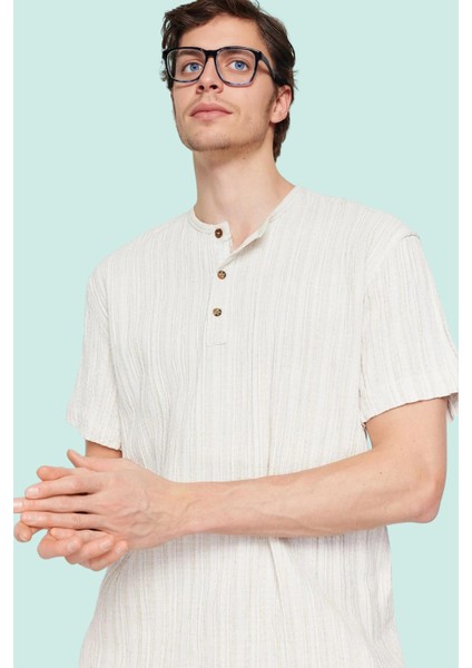 Erkek Keten Karışımlı Oversize Fit Gömlek Bisiklet Yaka Düz Desen Günlük Stil Modern Tasarım